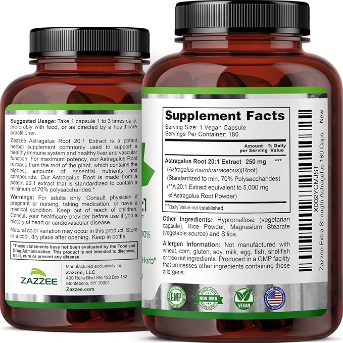 Zazzee Extra Strength Astragalus Root 20:1 Extract 70% Polysaccharides 180 Vegan Capsules 6 Month Supply Astragalus Membranaceus Immune System Support Non-GMO Herbal Supplement Made in the USA