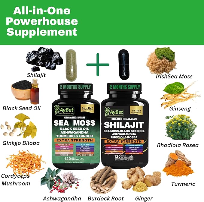 Sea Moss &amp Himalayan Shilajit Supplement Combo–Herbal Formula with Black Seed Oil Ashwagandha Rhodiola Turmeric Ginger – Mineral Antioxidant Support–Organic Halal Vegan Capsules–240 Count