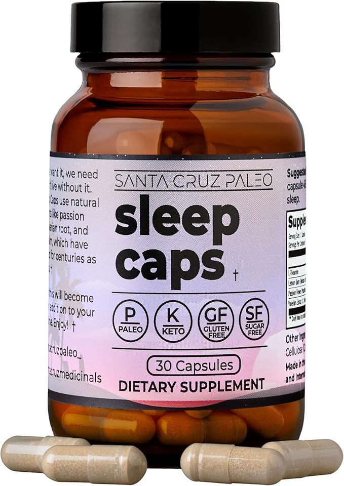 Santa Cruz Paleo Sleep Caps with L-Theanine Lemon Balm Passion Flower &amp Valerian Root Melatonin-Free Nighttime Relaxation Paleo &amp Keto Friendly Sugar &amp Gluten Free 30 Capsules
