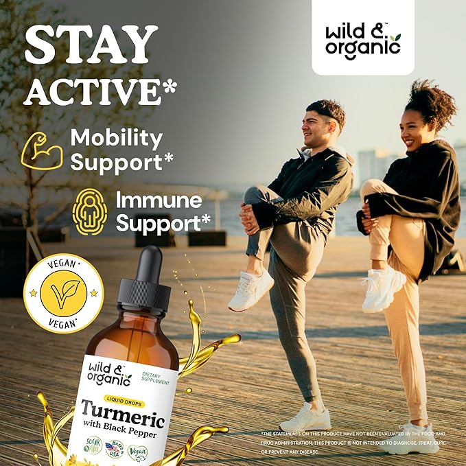 Wild &amp Organic Turmeric Tincture - Turmeric Curcumin with Black Pepper Extract - Mobility Support Supplement - Curcumin Root Liquid Drops - Vegan Sugar &amp Alcohol-Free - 4 fl oz