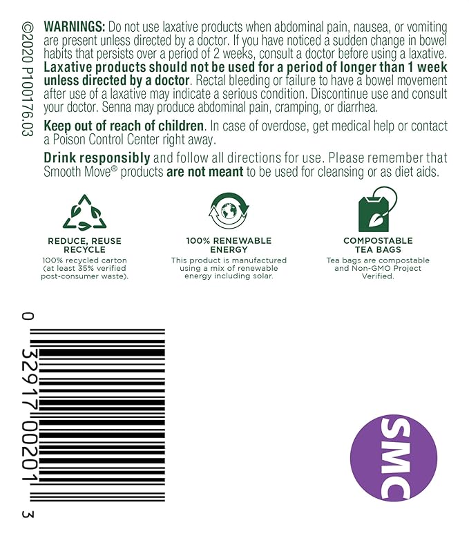Traditional Medicinals Organic Smooth Move Senna Chamomile Herbal Tea Relieves Occasional Constipation (Pack of 3) - 48 Tea Bags Total