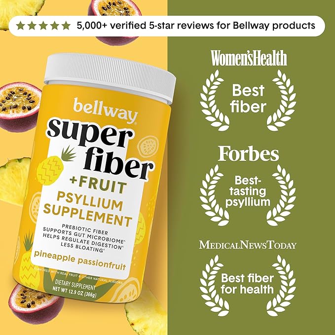 Bellway Super Fiber Powder + Fruit Sugar Free Organic Psyllium Husk Powder Fiber Supplement for Regularity Bloating Relief &amp Digestive Health Plant-Based Pineapple Passion Fruit (50 Servings)