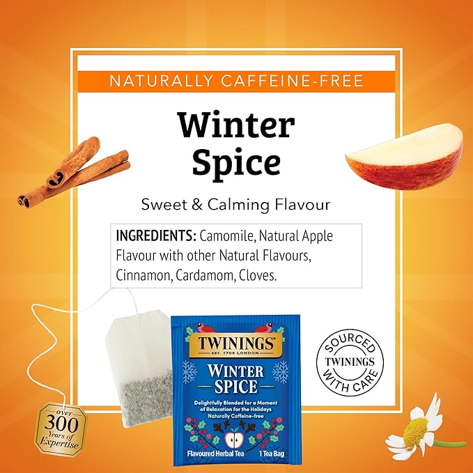 Twinings Winter Spice Herbal Tea Individually Wrapped 20 Count (Pack of 6) Camomile Apple Cinnamon &amp Clove Caffeine-Free Enjoy Hot or Iced 120 Teabags