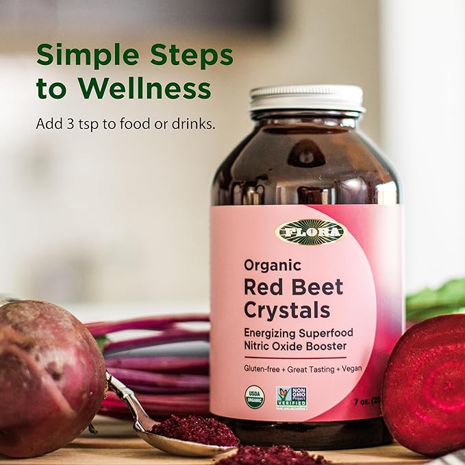 Flora - Organic Red Beet Crystals Energizing Superfood Nitric Oxide Booster Vegan Equals 5.5 lbs. of Red Beets Pressed from Fresh Harvested Organic Beets 7-oz. Powder