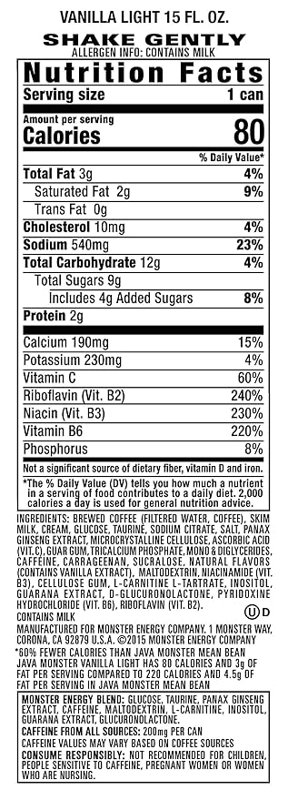 Monster Energy Java Monster Vanilla Light Coffee + Energy Drink15 Fl Oz | Pack of 12