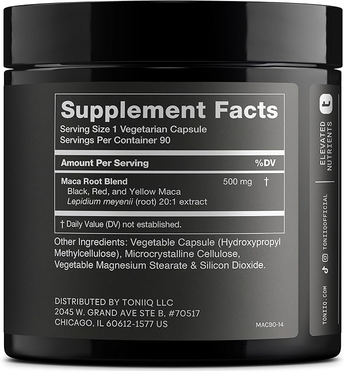Toniiq Maca Root - Ultra High Potency 20:1 Extract - Black Red and Yellow Maca Complex - Single Origin Wildcrafted &amp Highly Concentrated - Third-Party Lab Tested - 90 Capsules