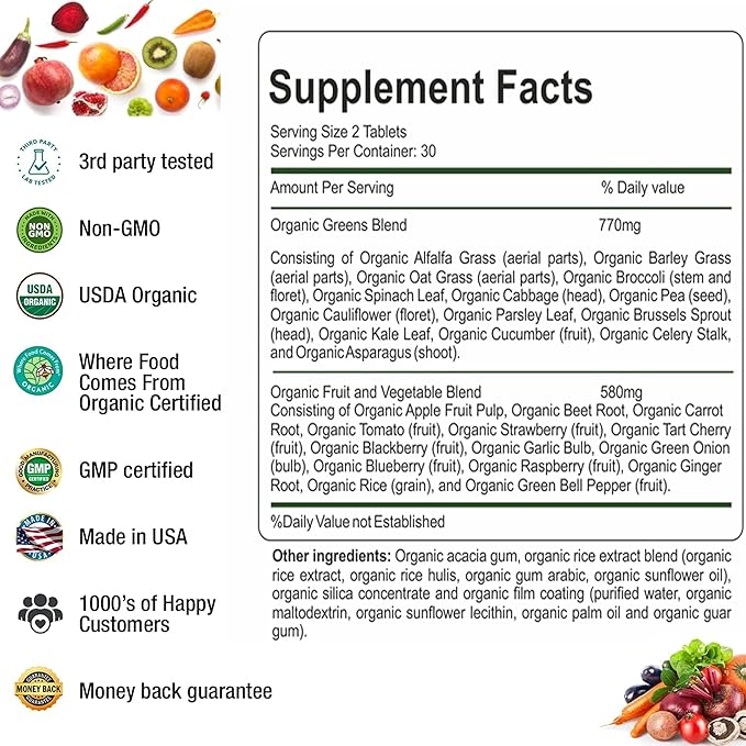 Organic Superfood Greens Fruits and Veggies Complex - Dietary Supplement with 14 Greens &amp14 Vegetables with Alfalfa Rich in Antioxidants Organic Ingredients Non-GMO (120 Count Pack of 2)