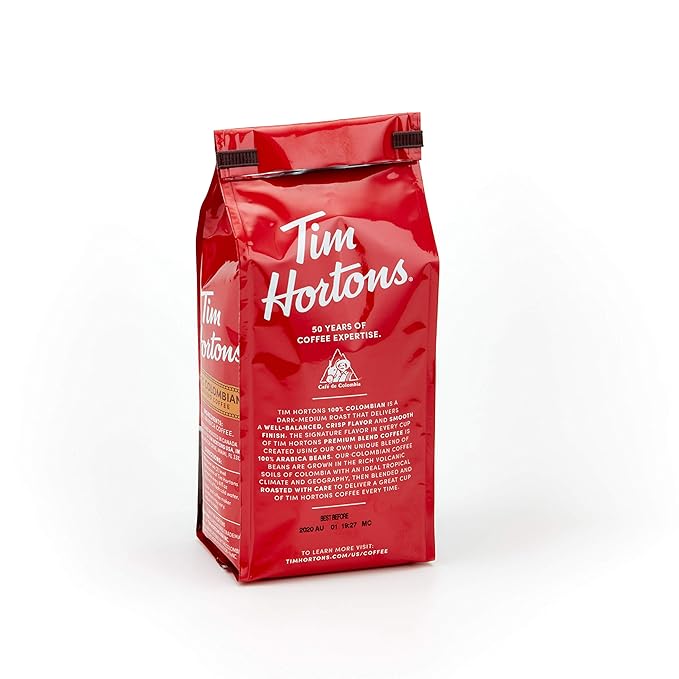 Tim Hortons Colombian Medium-Dark Roast Ground Coffee Perfectly Balanced Always Smooth Made with 100% Arabica Beans 12 Ounce (Pack of 6)