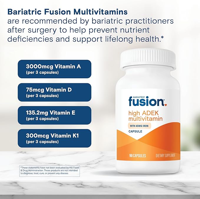 Bariatric Fusion High ADEK Multivitamin with Iron | Bariatric Multivitamin for Duodenal Switch | Easy to Swallow ADEK Vitamins Bariatric | 90 Capsules | One Month Supply