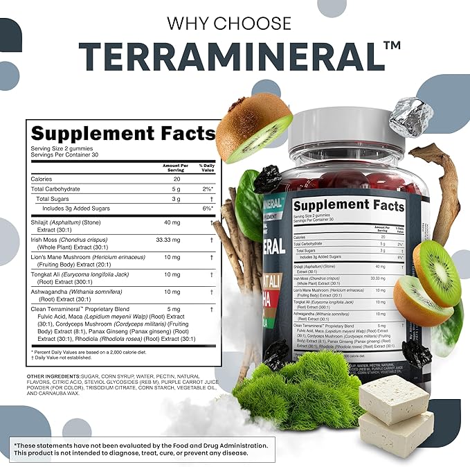 Terramineral Shilajit Gummies with Irish Sea Moss Tongkat Ali Ashwagandha Lion's Mane MACA Panax Ginseng Rhodiola &amp Cordyceps by Clean Nutra (1)