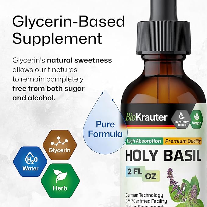 BIO KRAUTER® Holy Basil for Calm &amp Relaxation Support - Vegan Holy Basil Supplement 625 mg per Serving for Mood Support - 2 Fl.Oz. 28-Day Supply Alcohol &amp Sugar Free Herbal Adrenal Supplemen