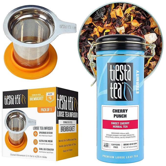 Tiesta Tea - Cherry Punch Herbal Drink and Brewbasket Infuser Bundle Sweet Cherry Herbal Tea Non-Caffeinated 4oz Refillable Tin with 5oz Reusable Stainless Steel Strainer