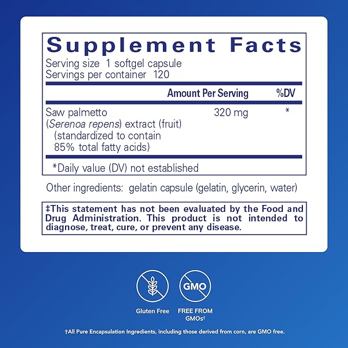 Pure Encapsulations Saw Palmetto 320 - Fatty Acids &amp Other Essential Nutrients to Support Metabolism &amp Urinary Function - with Saw Palmetto Extract - 120 Softgel Capsules