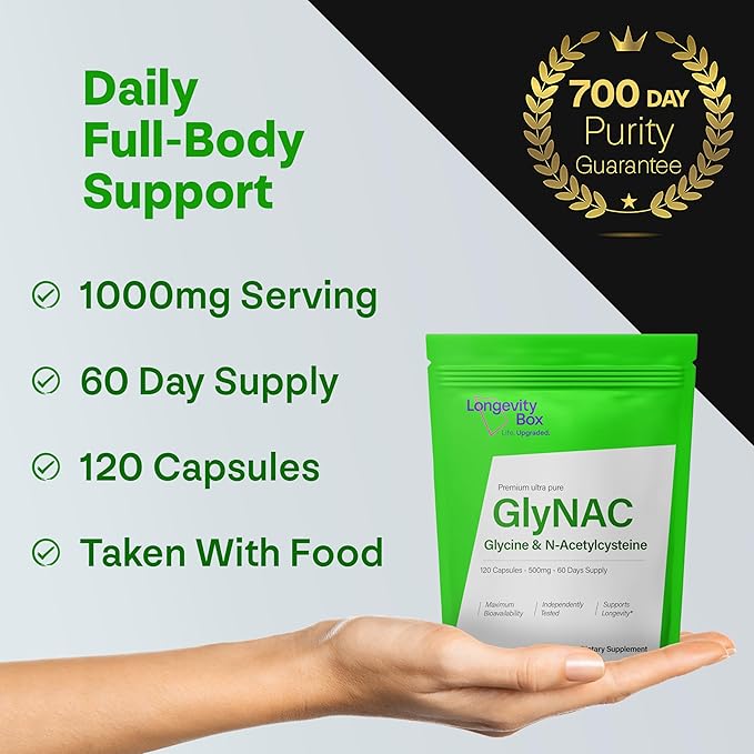 Ultra Pure GlyNAC Supplement 1000mg (500mg Glycine + 500mg N-Acetyl Cysteine) - Glutathione Precursor for Healthy Aging Energy &amp Cellular Protection - 120 Vegan Capsules