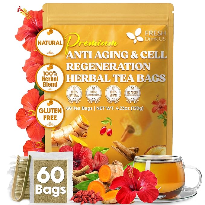FreshDrinkUS Premium Harmony Herbal Tea | 60 Tea bags | 100% Natural Turmeric Hibiscus Ashwagandha Goji Berry Reishi Cinnamon &amp Orange Peel – Naturally Aromatic Caffeine-Free Tea