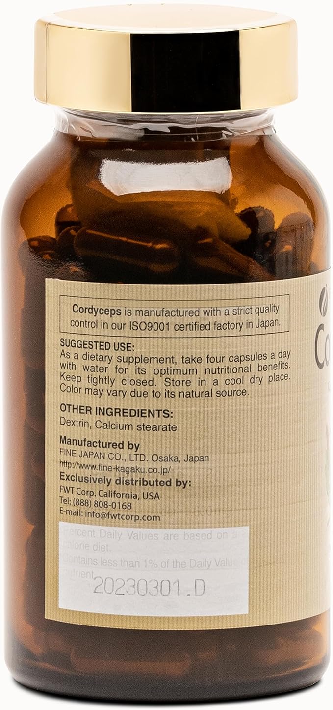 FINE JAPAN Cordyceps Mushroom Capsules - Premium Cordyceps Militaris and Sinensis Extract for Optimal Health Benefits 100% Authentic Cordyceps in Easy-to-Swallow Capsules