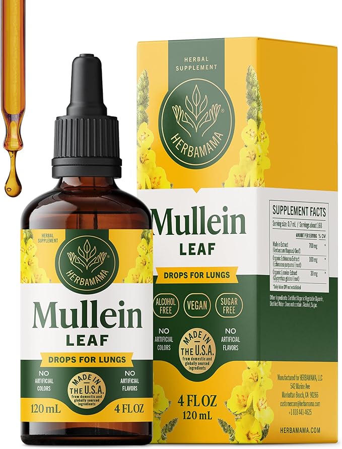 HERBAMAMA Mullein Drops for Lungs - Vegan Lung Cleanse with Mullein Leaf Extract Echinacea Tincture &amp Licorice - Non-GMO Alcohol &amp Sugar-Free Respiratory Support Supplement - 56-Day Supply