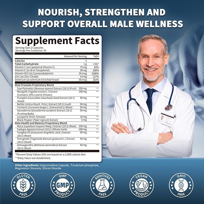Lukaree Prostate Health Supplements for Men - 18 in 1 Saw Palmetto with Pumpkin Seed &amp Nettle - Advanced DHT Blocker - Urinary Tract Health Support - with Ashwagandha Reishi 60 Capsules