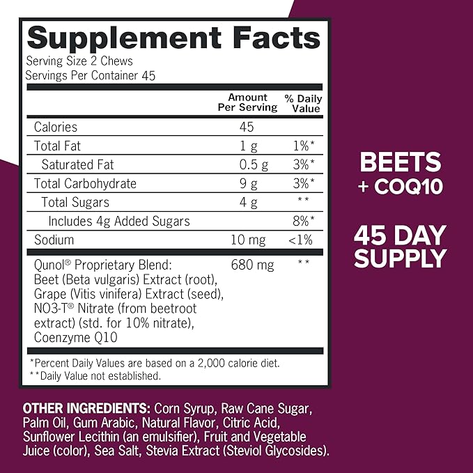 Qunol Beets Chews for Blood Pressure Support3 in 1 Beets + CoQ10 + Grape Seed ExtractSupports Healthy Blood Circulation &amp Heart Healthy Energy90 Chews(Pack of 2)
