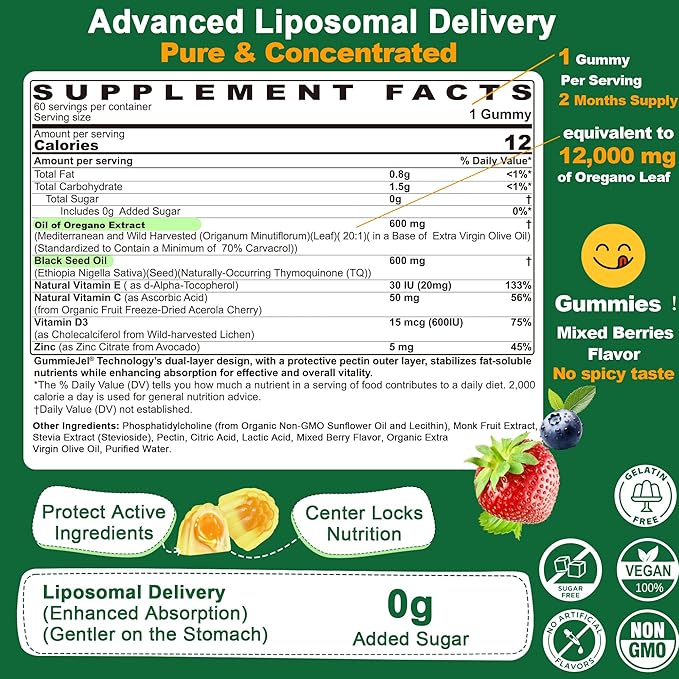 Oil of Oregano with Black Seed Oil Filled Gummies Aceite De Oregano Capsulas Alternative Carvacrol &amp Thymoquinone with Vitamin E C D3 Zinc Liposomal Form Sugar Free 2 Pack