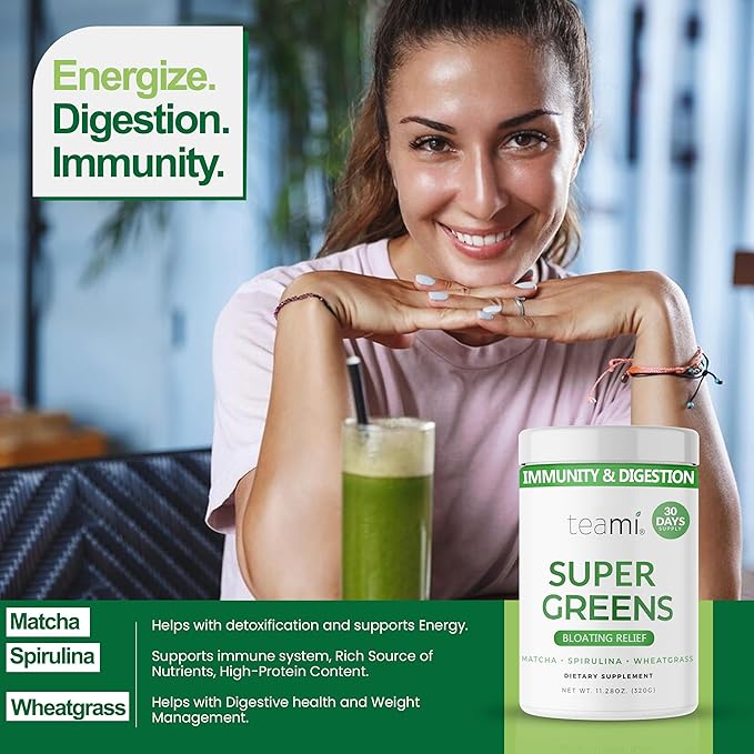 Teami Organic Super Greens Powder for Immunity &amp Digestion Non-GMO Greens Superfood Powder to Support Energy 16 superfood Ingredients Sugar-Free Veggie Powder for Juice &amp Smoothie 32 Servi