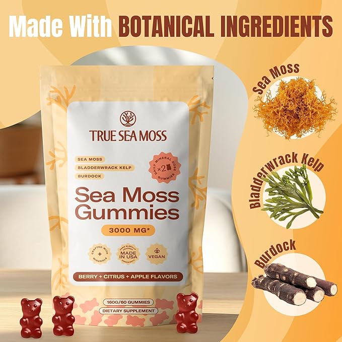 TrueSeaMoss Gummies 3000mg – Irish Sea Moss with Bladderwrack &amp Burdock Root – 3-in-1 Formula – Fruity Flavor – 60 Gummies