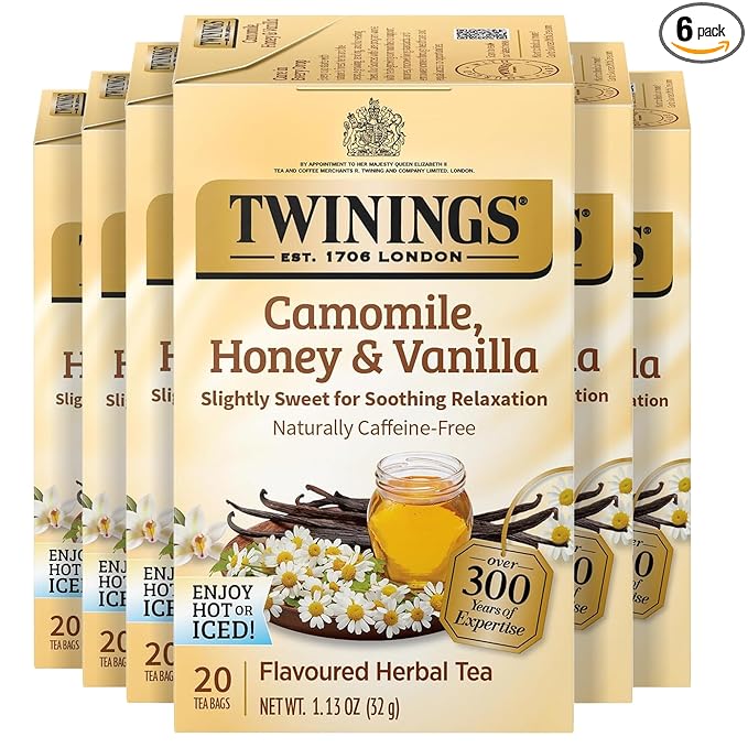 Twinings Camomile Honey &amp Vanilla Herbal Tea Individually Wrapped Bags 20 Count (Pack of 6) Naturally Caffeine-Free Enjoy Hot or Iced 120 Teabags