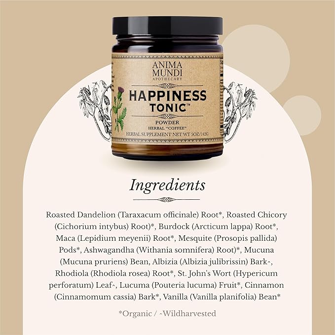 Anima Mundi Apothecary Herbal Coffee Substitute with Chicory Root &amp Ashwagandha Powder - Happiness Tonic Coffee Powder - Adaptogenic Caffeine Free - Maca St. John's Wort &amp More (5oz / 141g