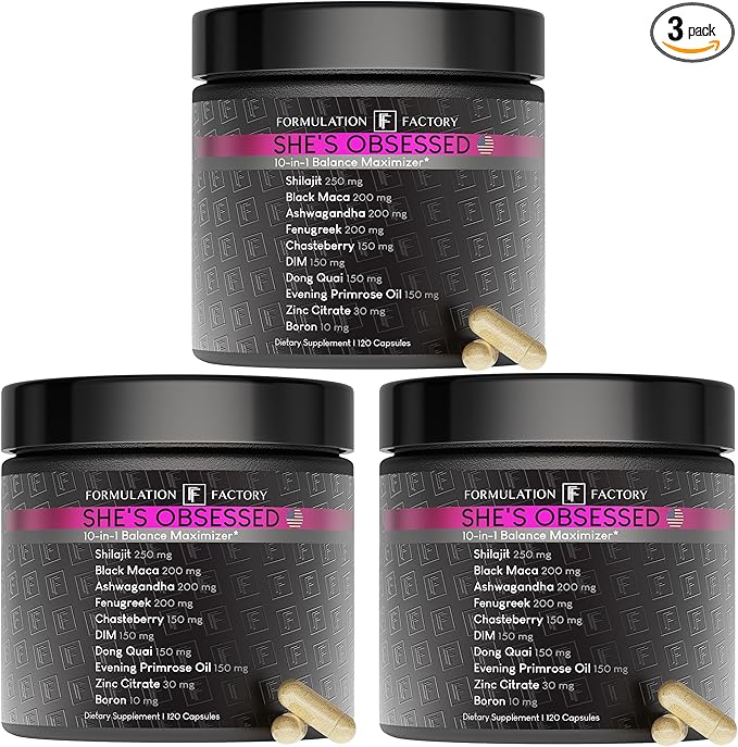Formulation Factory She's Obsessed: 10-in-1 Hormone Balance Maximizer with Shilajit Maca Ashwagandha DIM Dong Quai Zinc &amp More for Vitality &amp Balance 360 Count (Pack of 3)
