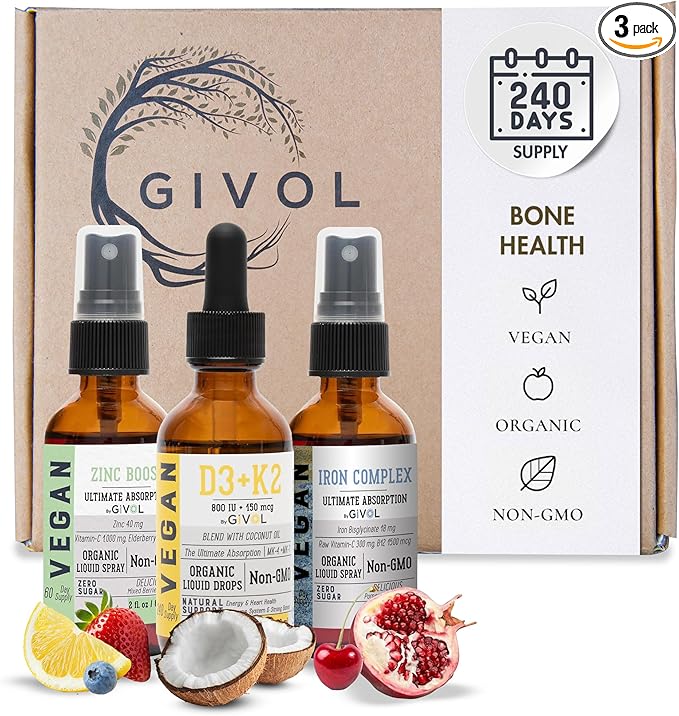 Bone Support Bundle Liquid Spray - Iron Bisglycinate Complex Zinc Picolinate Vitamin D3 &amp K2 - Complete Multivitamin - Plant- Based Non-GMO Gluten Free Sugar Free 2 Fl Oz (360 Days Supply)
