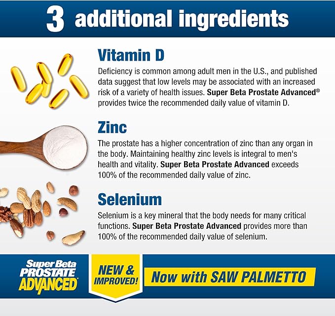 SUPER BETA PROSTATE Advanced with Saw Palmetto - Prostate Health Supplements for Men Bladder &amp Urinary Support with Beta-sitosterol Reishi Saw Palmetto Vitamin D Zinc Oxide Selenium - 180 Co