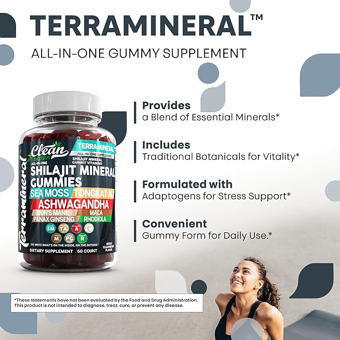 Terramineral Shilajit Gummies with Irish Sea Moss Tongkat Ali Ashwagandha Lion's Mane MACA Panax Ginseng Rhodiola &amp Cordyceps by Clean Nutra (1)