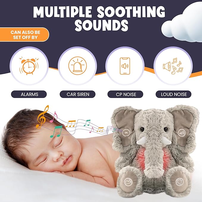 Gemma Joy Bedtime Baby Soothers &amp StickyOnes Sleep Patches - Cry Activated Heartbeat Elephant Plush Toy Stuffed Animal with Calming Light &amp All-Natural No Melatonin Bedtime Patches for Kids
