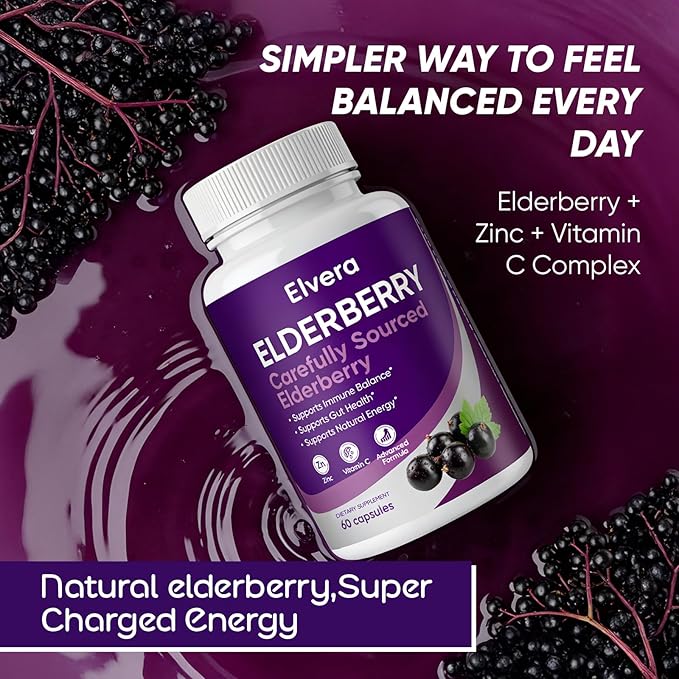 Elvera Elderberry Elvera Gut Support Complex1200 mg Sambucus Elderberry Extract Zinc + Vitamin C Advanced FormulaDigestive Wellness &amp Boost Energy 60 Capsules