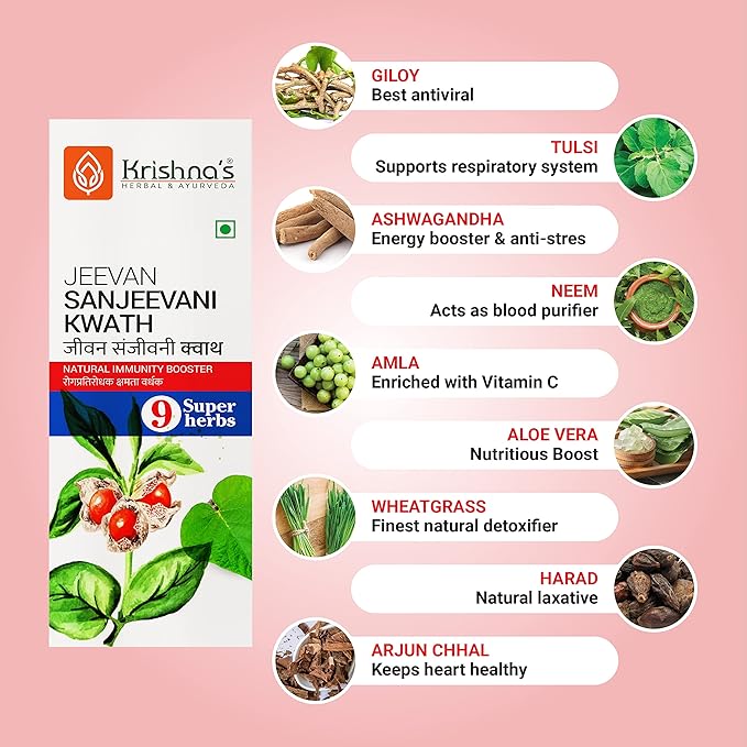 KRISHNA'S HERBAL &amp AYURVEDA Jeevan Sanjeevani Kwath - 500 ml Enriched with Aloe Vera Amla Giloy Tulsi Ashwagandha and 4 More Herbs Natural Immunity Booster 500 ml (Pack of 1) Multicolour
