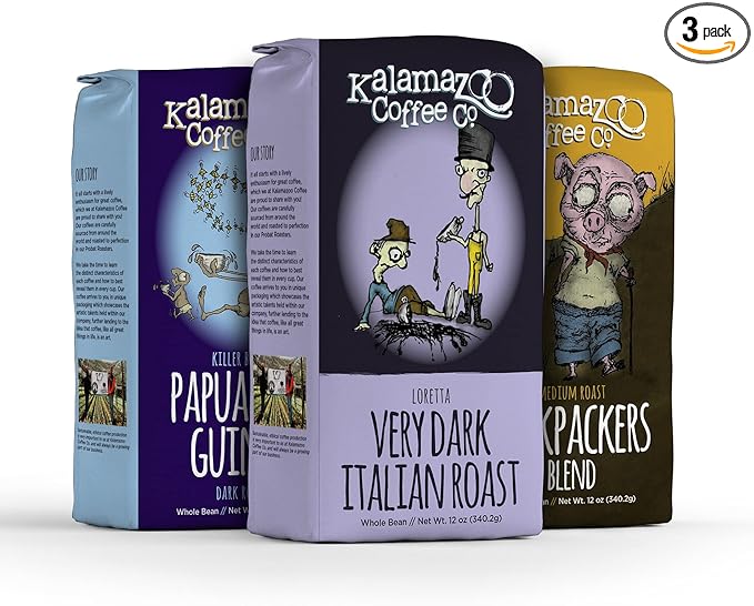 KALAMAZOO COFFEE COMPANY Whole Bean Coffee Variety Pack - Backpackers Blend Loretta &amp Papua New Guinea | 12oz Bag (3 Pack)