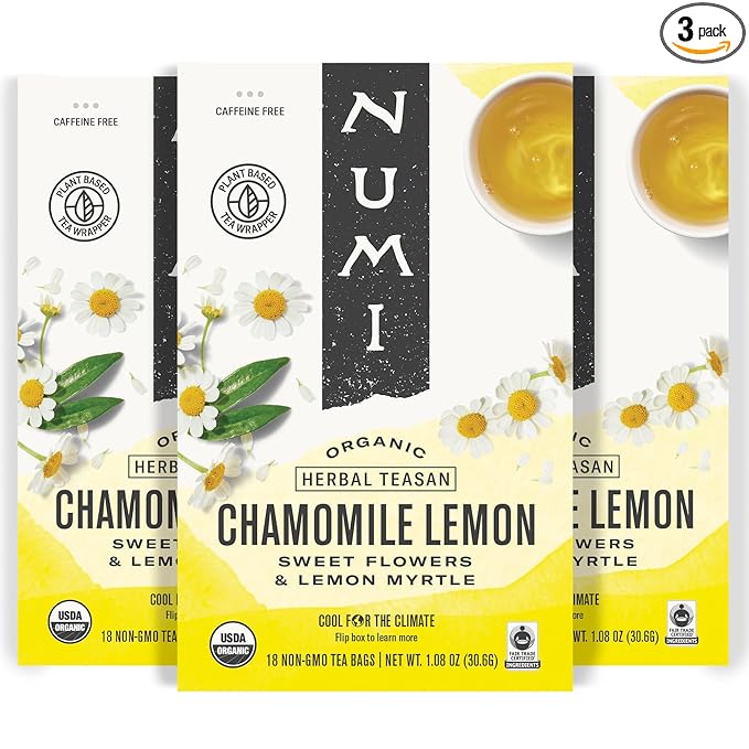 Numi Organic Chamomile Lemon Tea – 54 Herbal Tea Bags – Caffeine Free Calming Egyptian Chamomile &amp Lemon Myrtle – Caffeine Free Floral Citrus Herbal Tea