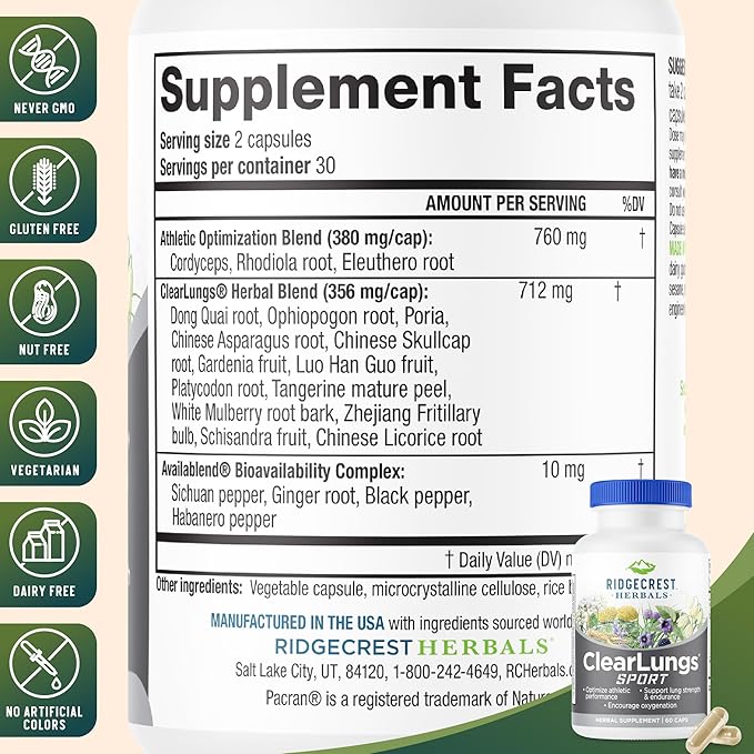 Ridgecrest Herbals ClearLungs Sport Oxygen Intake and Lung Support Formula with Cordyceps Rhodiola Eleuthero (60 Vegan Caps 30 Serv)