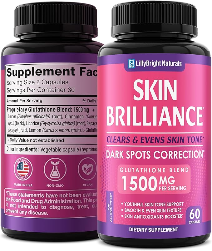 Glutathione Capsules - 1500mcg L-Glutathione Supplement with Vitamin C - Skin Tone Enhancer - Targets Dark Spots &amp Acne Marks - Antioxidant Supplement for Beauty &amp Health Support - 60 Skin Pi