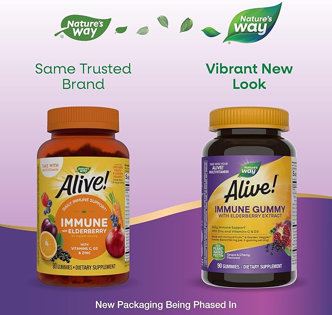 Nature's Way Alive! Immune Support* Gummies with Elderberry Extract Vitamins C &amp D3 Zinc No Gluten Grape &amp Cherry Flavored 90 Vegetarian Gummies (Packaging May Vary)