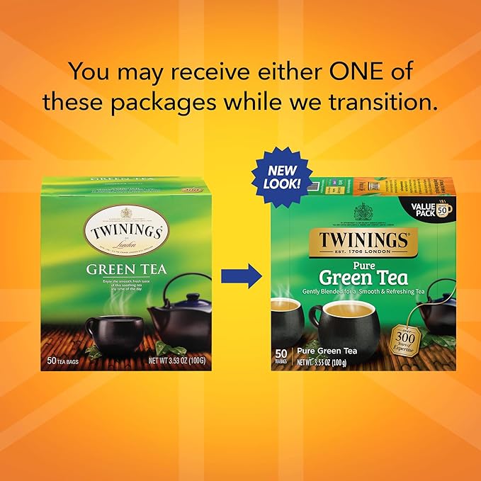 Twinings Pure Green Tea Individually Wrapped Bags 50 Count (Pack of 6) Smooth Flavour Enticing Aroma Caffeinated Enjoy Hot or Iced 300 Teabags