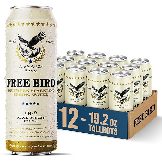 Free Bird Sparkling Southern Spring Water 12-Pack (19.2oz Tallboy Cans) – Unflavored Carbonated Zero Sugar Crisp &amp Bubbly Blue Ridge Mountain Water