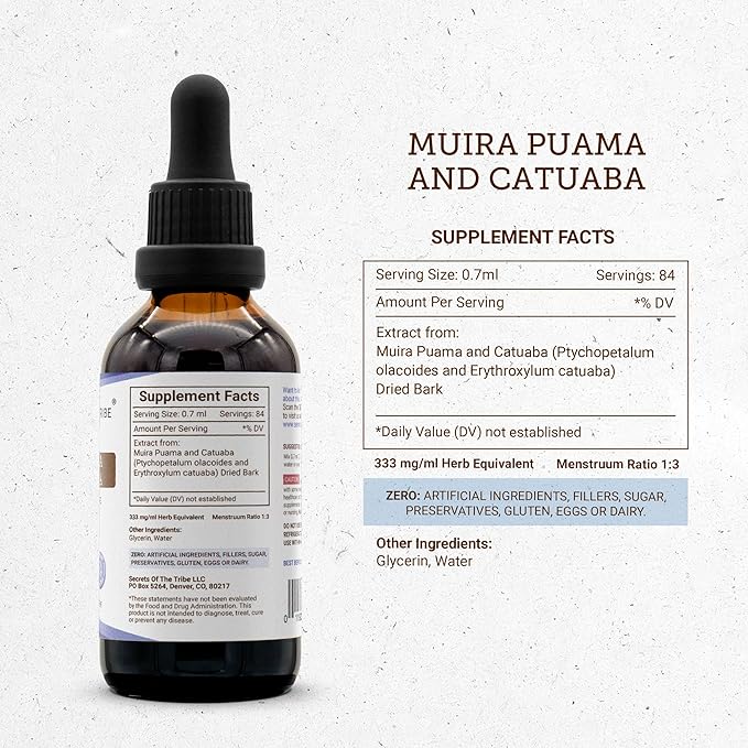 Secrets of the Tribe Muira Puama and Catuaba Alcohol-Free Liquid Extract (Ptychopetalum Olacoides and Erythroxylum Catuaba) Dried Bark Tincture Supplement (2 FL OZ)
