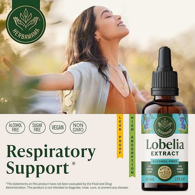 HERBAMAMA Lobelia Tincture - Vegan Lobelia Leaf Extract for Lung Detox &amp Cleanse - Respiratory Lung Support Drops - Non-GMO Alcohol &amp Sugar-Free Respiratory Support Supplement
