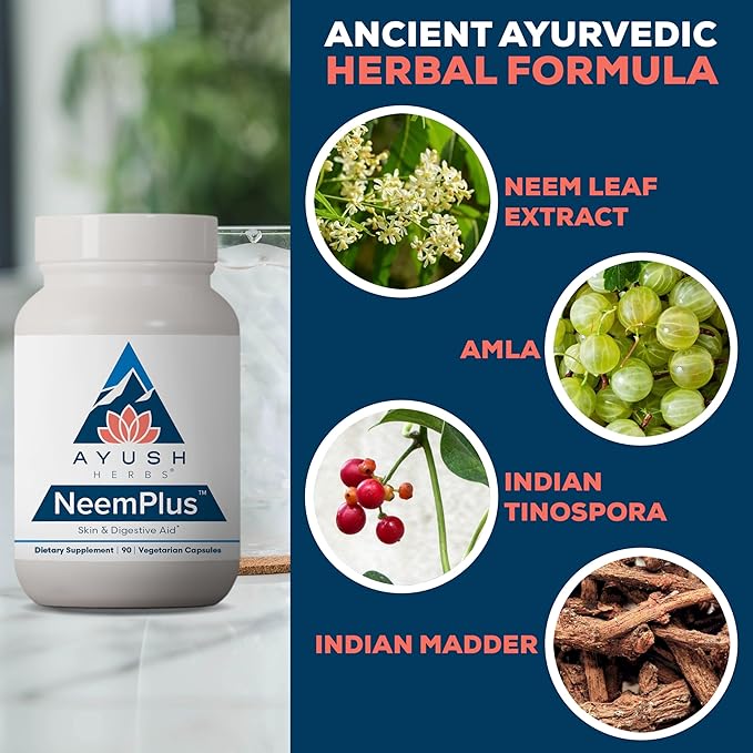 Ayush Herbs Neem Plus - Digestive Health for Women &amp Men Gut Support Supplement for Stomach &amp Skin Health Immune Support - 90 Servings
