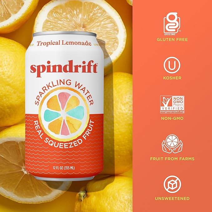 Spindrift Sparkling Water Tropical Lemonade Flavored Made with Real Squeezed Fruit 12 Fl OZ Cans Pack of 24 (Only 13 Calories per Can)