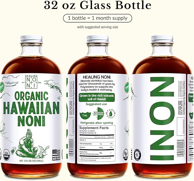 Healing Noni - 100% Pure Noni Juice - USDA Organic Full Strength Wellness Drink Hawaiian-Grown Superfood - (32oz 12 Pack)
