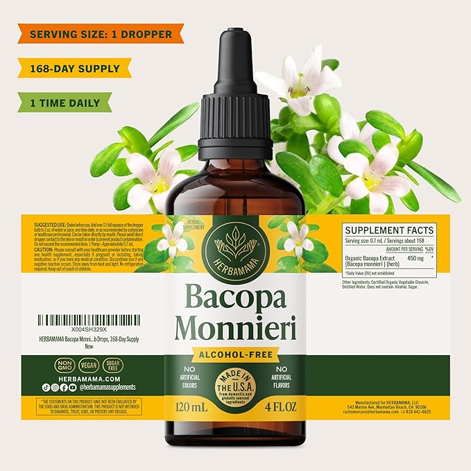 HERBAMAMA Bacopa Monnieri Supplement - Vegan Brain Focus and Clarity Support with Bacopa Extract Tincture - Non-GMO Alcohol &amp Sugar-Free Brahmi Herb Drops 168-Day Supply