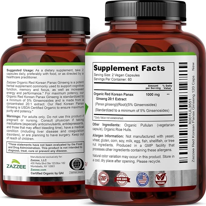 Zazzee USDA Organic Red Korean Panax Ginseng 20:1 Extract 1000 mg 5% Ginsenosides 120 Vegan Capsules Standardized and Concentrated 20X Root Extract 100% Vegetarian All-Natural Made in the USA