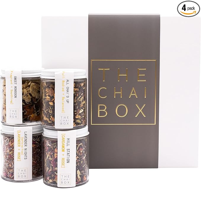 The Chai Box Ultimate Tea Lover's Gift Set - Featured in Oprah's Favorite Things | Caffeinated and Caffeine Free Loose-Leaf Tea Gift Box (Pack of 4) 10 oz | Small Batch Assorted Tea Sampler with Whole